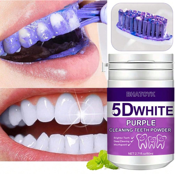 1 peça 5D BRANCO Roxo Pó de Clareamento de Dentes 1 1 peça 5D BRANCO Roxo Pó de Clareamento de Dentes