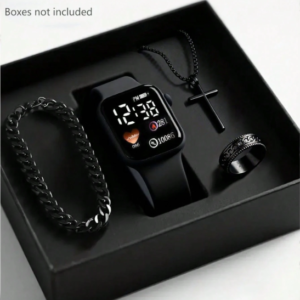 Conjunto de 4 peças para homens, incluindo relógio eletrônico quadrado, colar, anel e pulseira, em estilo casual e moderno