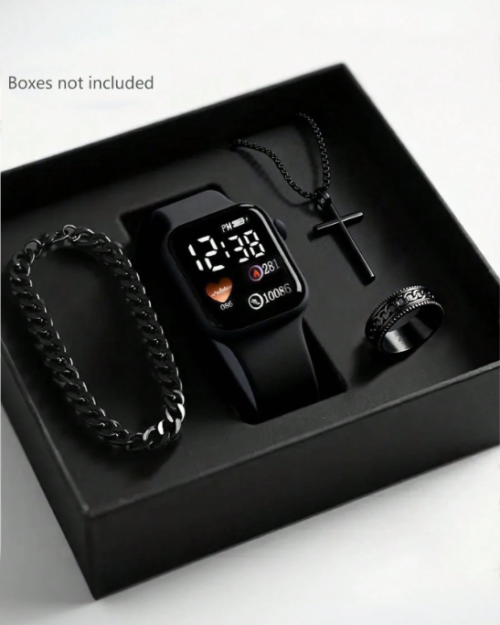Conjunto de 4 peças para homens, incluindo relógio eletrônico quadrado, colar, anel e pulseira, em estilo casual e moderno