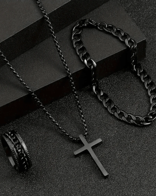 Conjunto de 3 peças Corrente de Aço Inoxidável Hip Hop Masculino com Anel Giratório de Descompressão Cruzada