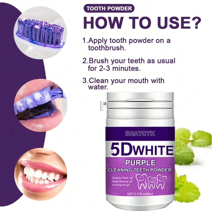 1 peça 5D BRANCO Roxo Pó de Clareamento de Dentes 5 1 peça 5D BRANCO Roxo Pó de Clareamento de Dentes - Image 5