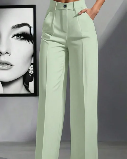 Calça feminina de cintura alta com pregas e modelagem solta, ideal para o trabalho e ocasiões casuais, primavera/verão.