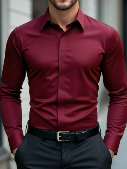 Camisa social masculina de manga comprida Manfinity Mode | Cor sólida, casual de negócios e formal, com botões, confortável para todas as estações, modelagem regular para o escritório e ocasiões casuais, textura suave. Camisa vermelha escura, camisa bordô para homens, camisa social masculina, camisa casual de negócios masculina, camisa marrom masculina.