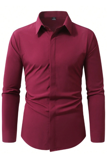 Camisa social masculina de manga comprida Manfinity Mode | Cor sólida, casual de negócios e formal, com botões, confortável para todas as estações, modelagem regular para o escritório e ocasiões casuais, textura suave. Camisa vermelha escura, camisa bordô para homens, camisa social masculina, camisa casual de negócios masculina, camisa marrom masculina. - Image 3