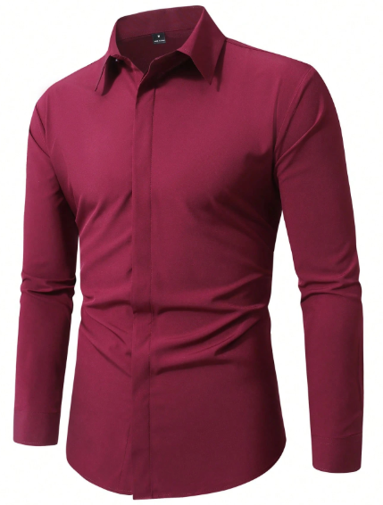 Camisa social masculina de manga comprida Manfinity Mode | Cor sólida, casual de negócios e formal, com botões, confortável para todas as estações, modelagem regular para o escritório e ocasiões casuais, textura suave. Camisa vermelha escura, camisa bordô para homens, camisa social masculina, camisa casual de negócios masculina, camisa marrom masculina. - Image 4