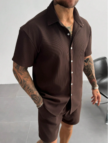 Camisa masculina vintage de malha canelada, manga curta, gola polo, cor marrom lisa com textura, ideal para férias de verão, uso casual e no escritório. Um excelente presente de Natal e Ano Novo para o pai ou marido. - Image 3