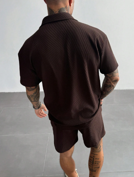 Camisa masculina vintage de malha canelada, manga curta, gola polo, cor marrom lisa com textura, ideal para férias de verão, uso casual e no escritório. Um excelente presente de Natal e Ano Novo para o pai ou marido. - Image 2