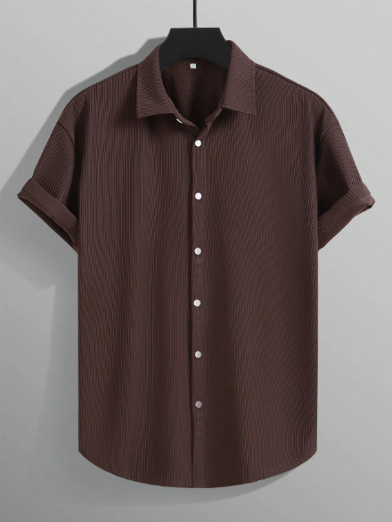 Camisa masculina vintage de malha canelada, manga curta, gola polo, cor marrom lisa com textura, ideal para férias de verão, uso casual e no escritório. Um excelente presente de Natal e Ano Novo para o pai ou marido. - Image 6