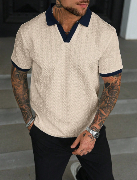 Camisa Polo Masculina CasualCool de Manga Curta com Contraste em Cores, Camisa Polo Masculina de Malha, Camisa Polo Masculina Creme, Camisa Polo Masculina de Malha com Decote em V, Camisa Polo Masculina de Manga Curta, Camisa Polo Masculina Texturizada Old Money - Image 3