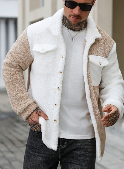 Jaqueta masculina de TECIDO PURO de manga comprida, gola alta, detalhes contrastantes, bolso frontal com botões e forro de pele sintética. Disponível também em modelos de cardigã masculino, jaqueta de flanela e jaqueta de inverno. - Image 2