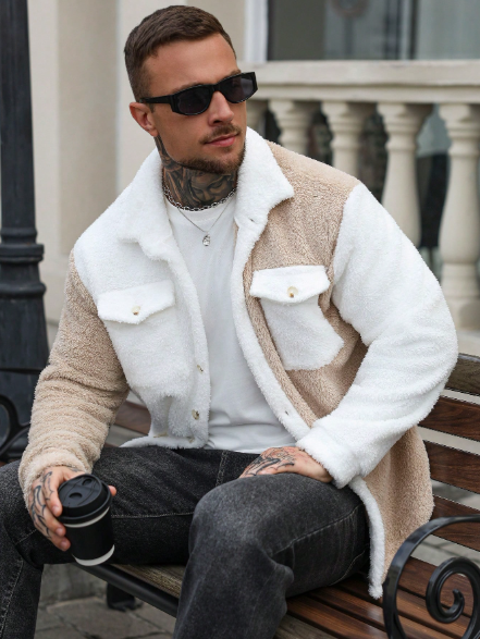 Jaqueta masculina de TECIDO PURO de manga comprida, gola alta, detalhes contrastantes, bolso frontal com botões e forro de pele sintética. Disponível também em modelos de cardigã masculino, jaqueta de flanela e jaqueta de inverno. - Image 3