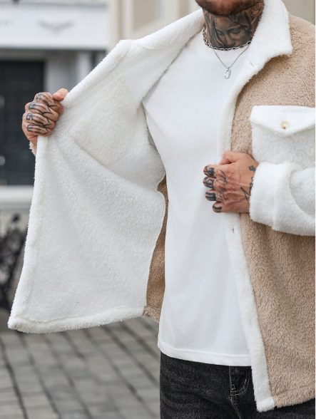 Jaqueta masculina de TECIDO PURO de manga comprida, gola alta, detalhes contrastantes, bolso frontal com botões e forro de pele sintética. Disponível também em modelos de cardigã masculino, jaqueta de flanela e jaqueta de inverno. - Image 4