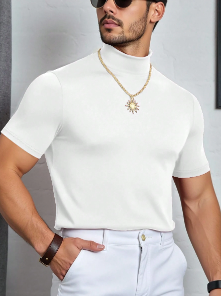 Camiseta masculina Manfinity Dauomo de manga curta e gola alta, cor sólida, ideal para o verão e outono.