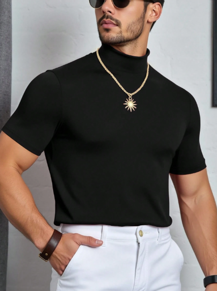 Camiseta masculina Manfinity Dauomo de manga curta e gola alta, cor sólida, ideal para o verão e outono. - Image 6
