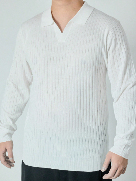 Suéter masculino de malha canelada vertical em cor sólida, modelo simples e versátil de manga comprida. - Image 2