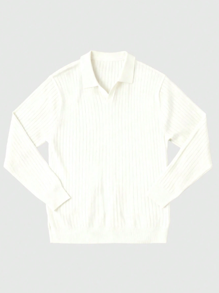 Suéter masculino de malha canelada vertical em cor sólida, modelo simples e versátil de manga comprida. - Image 3