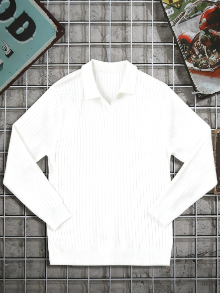 Suéter masculino de malha canelada vertical em cor sólida, modelo simples e versátil de manga comprida. - Image 5