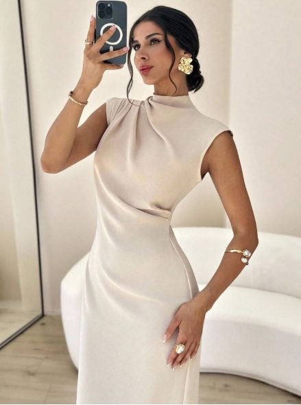 Vestido longo Firerie feminino elegante, minimalista e casual, para uso diário, férias, com gola mandarim, mangas drapeadas e cintura marcada, na cor damasco.