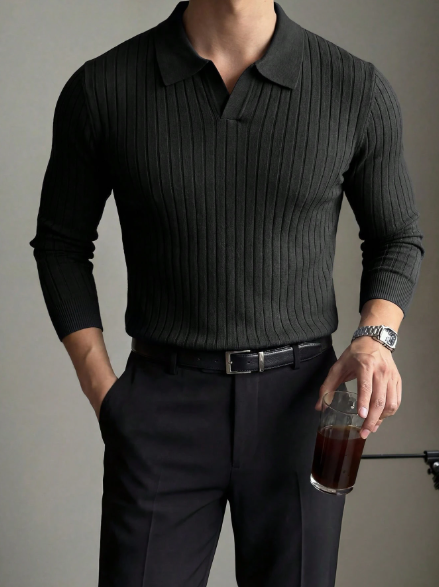 Suéter masculino de malha canelada vertical em cor sólida, modelo simples e versátil de manga comprida. - Image 10