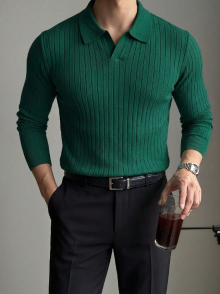 Suéter masculino de malha canelada vertical em cor sólida, modelo simples e versátil de manga comprida. - Image 9