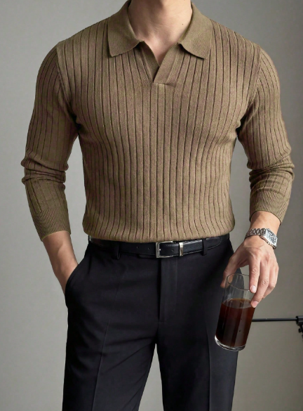 Suéter masculino de malha canelada vertical em cor sólida, modelo simples e versátil de manga comprida. - Image 7