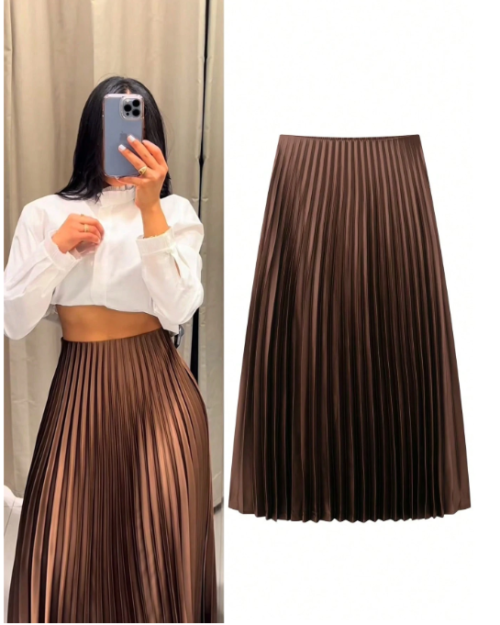 Saia plissada feminina marrom de verão com babados, saia cilíndrica com pregas, cintura média, saia midi casual de primavera