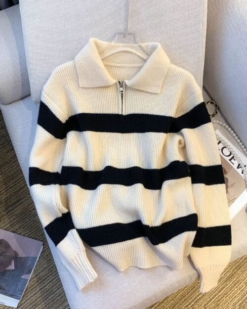 Suéter feminino listrado com gola polo, modelagem solta, tricô retrô, tendência primavera/outono 2026 estilo coreano