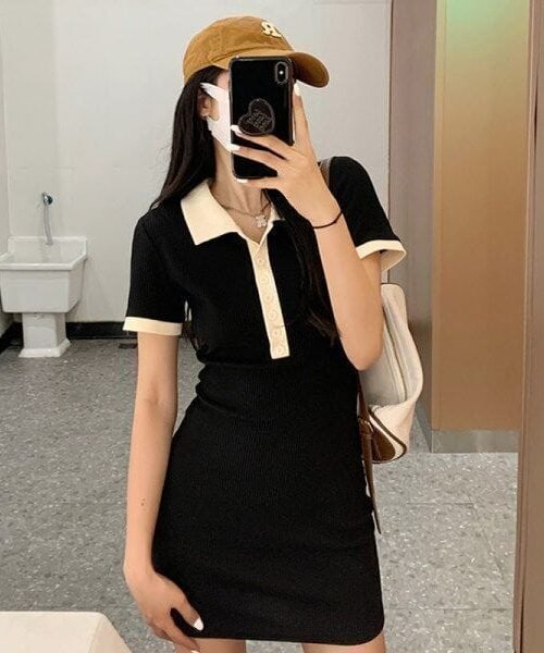 Vestido polo preto, doce e picante, para mulheres, verão, modelagem justa para silhuetas em formato de pera, mulheres de estatura baixa, vestido polo que acentua a cintura.