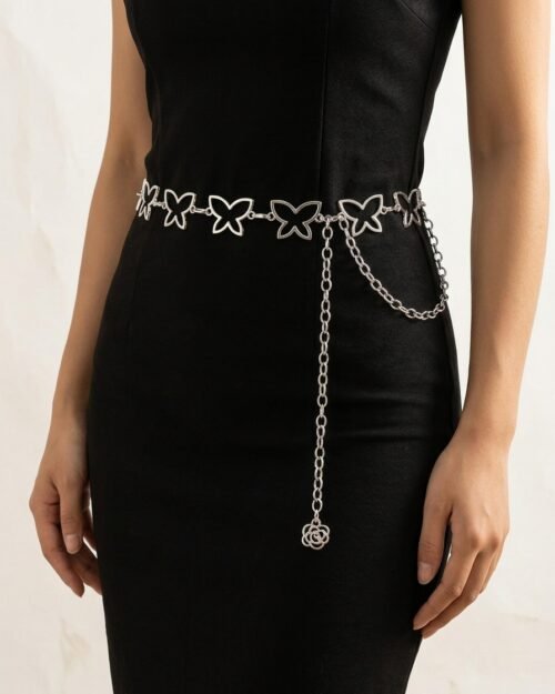 Cinto feminino fino de corrente metálica para cintura, ideal para combinar com saias e vestidos com estampado de borboletas. Simples, elegante e versátil.