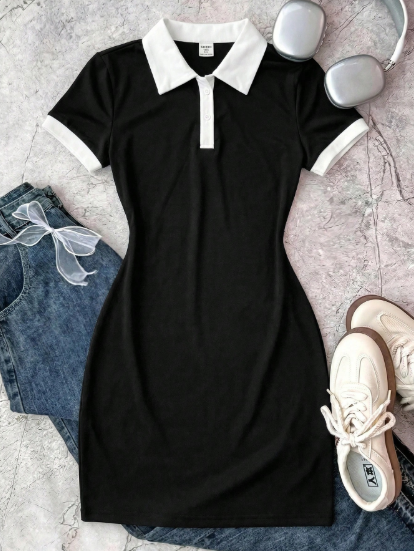 Tamanho XS, MOD SHEIN Vestido casual preto e branco para meninas adolescentes, gola contrastante personalizada, botões de malha canelada, ajuste justo, vestidos de verão, bordado de borboletas