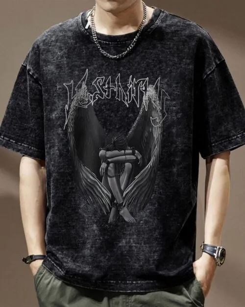Camiseta masculina de manga curta, modelagem solta, 230g, 100% algodão lavado, com estampa de anjo caído, estilo americano desgastado, versátil e confortável.